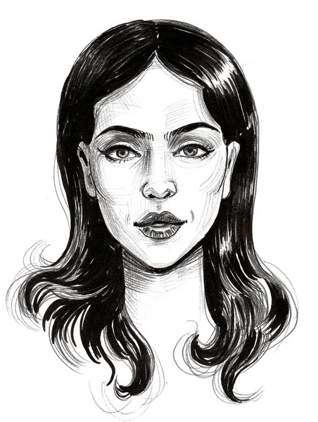 Güzel Kadın Yüzü Mürekkep Siyah Beyaz Çizim — Stok fotoğraf