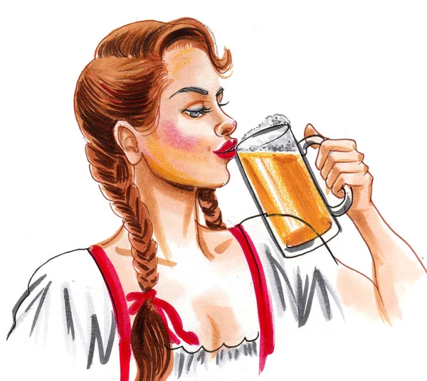 Hermosa Mujer Alemana Bebiendo Cerveza Taza Dibujo Tinta Acuarela —  Fotos de Stock