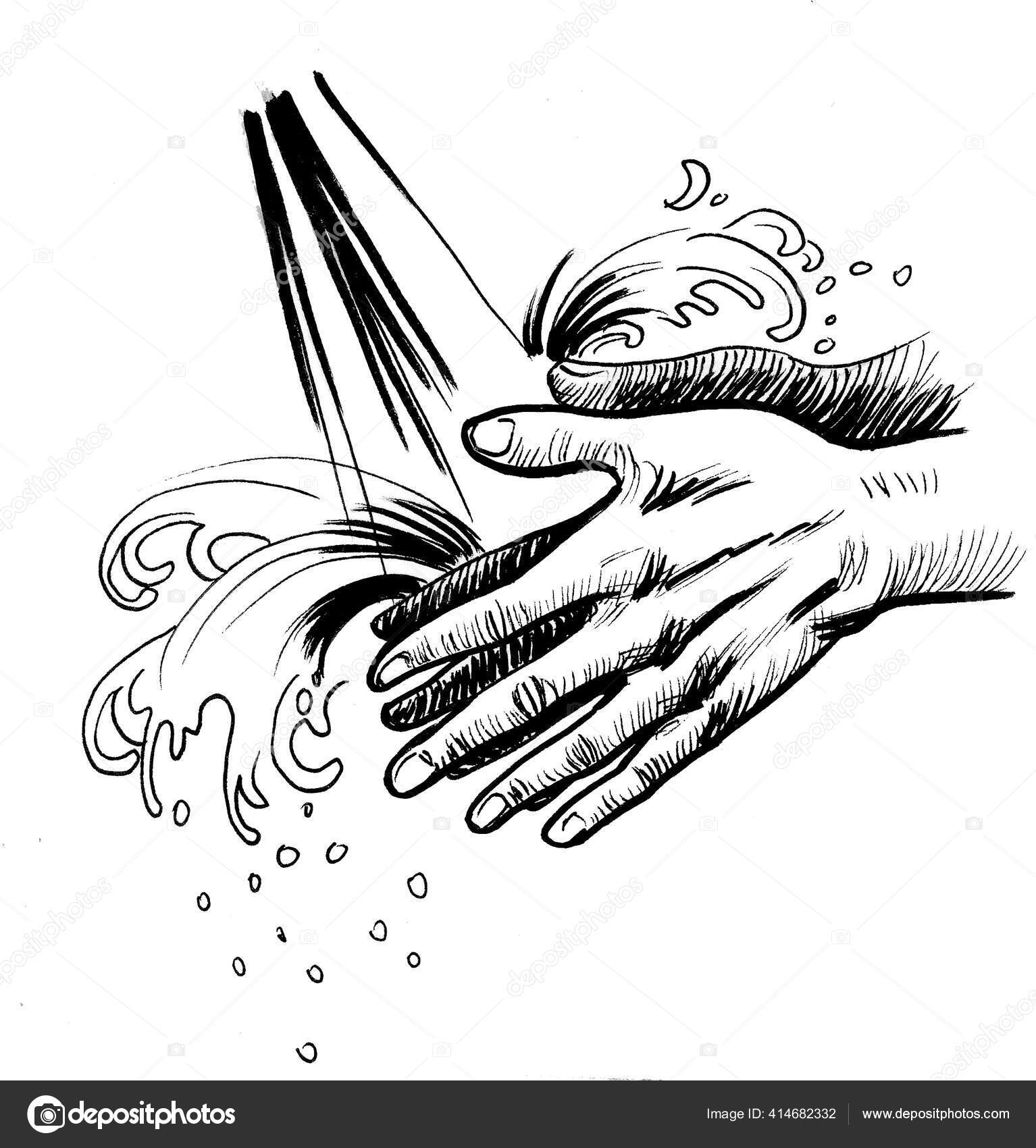 Washing Hands Running Water Ink Black White Drawing Stock Illustration