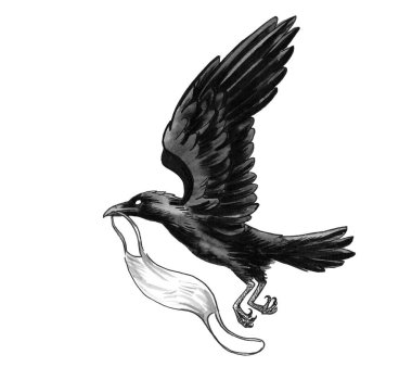 Tıbbi maskeli bir karga. Mürekkep siyah beyaz çizim