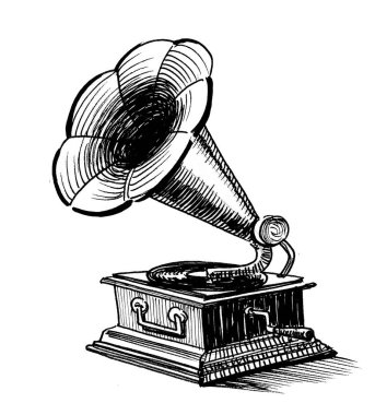 Eski fonograf. Mürekkep siyah beyaz çizim