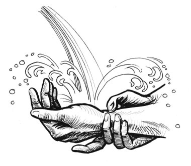 Eller su akıntısında. Mürekkep siyah beyaz çizim