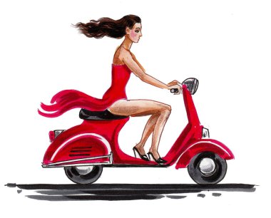 Güzel bir kız kırmızı bir scooter kullanıyor. Mürekkep ve suluboya çizim