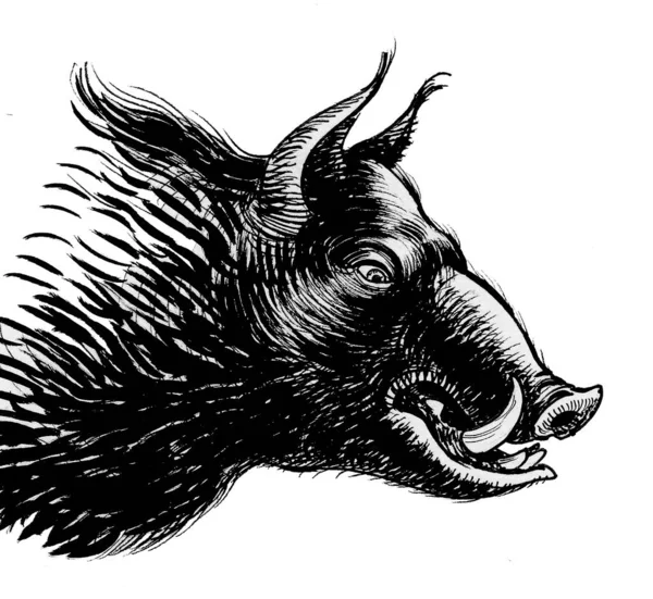 Dzika Głowa Czarno Biały Rysunek Atramentu — Zdjęcie stockowe