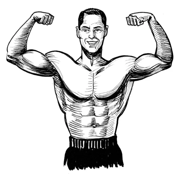 Strong Bodybuilder Flexing Muscles Ink Black White Drawing — Stock Photo, Image