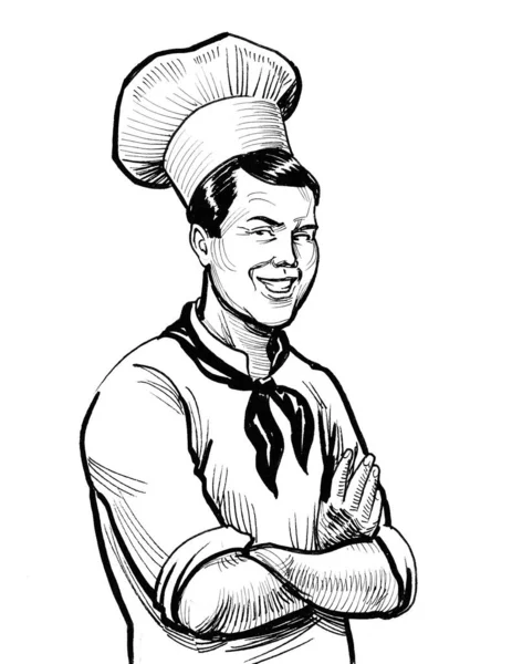 Feliz Carácter Chef Sonriente Dibujo Blanco Negro Tinta —  Fotos de Stock