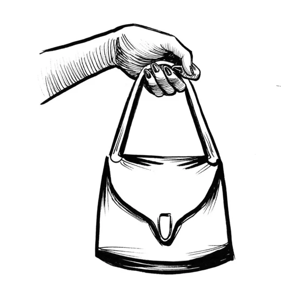 Hand Holding Bag Ink Black White Drawing — Stock Photo, Image