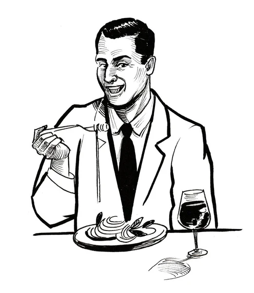 Glücklicher Mann Beim Mittagessen Schwarz Weiße Tuschezeichnung — Stockfoto