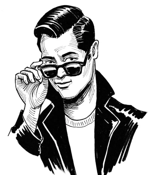 Hombre Guapo Chaqueta Cuero Gafas Sol Dibujo Blanco Negro Tinta —  Fotos de Stock