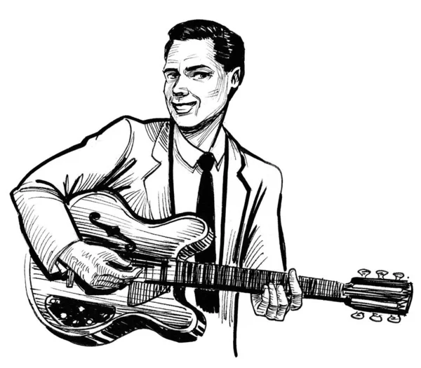 Homme Jouant Guitare Électrique Encre Dessin Noir Blanc — Photo