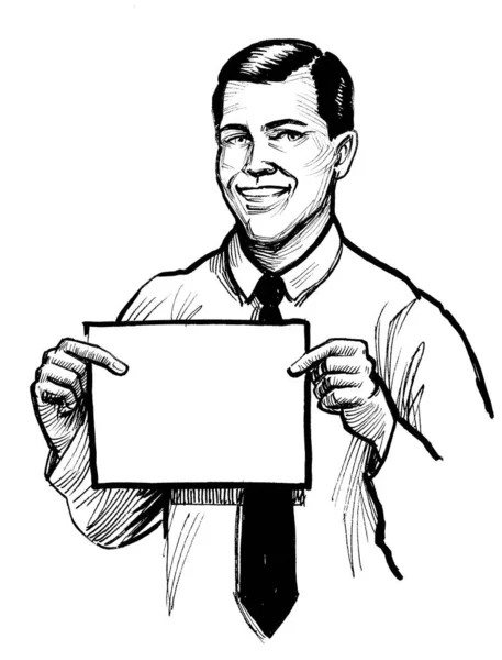 Усміхнений Чоловік Тримає Чистий Аркуш Паперу Чорно Білий Малюнок — стокове фото