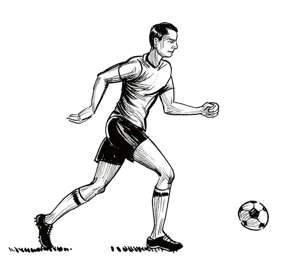 Jogador Futebol Com Uma Bola Tinta Desenho Preto Branco — Fotografia de Stock