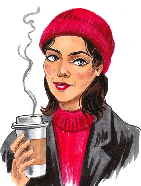 Hezká Holka Pije Kafe Kresba Inkoustem Akvarelem — Stock fotografie