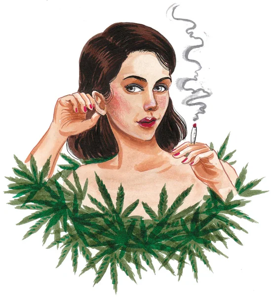 Ładna Kobieta Paląca Marihuanę Rysunek Atramentu Akwareli — Zdjęcie stockowe