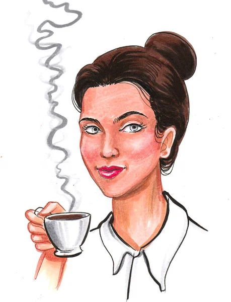 Uma Mulher Bonita Beber Café Desenho Tinta Aquarela — Fotografia de Stock