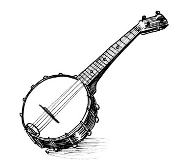 Banjo müzik aleti. Mürekkep siyah beyaz çizim