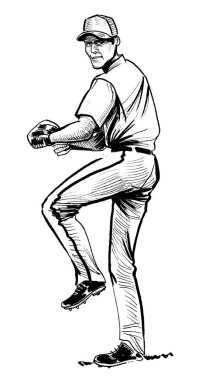 Beyzbol oyuncusu. Mürekkep siyah beyaz çizim