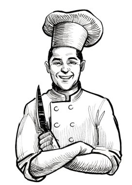 Bıçaklı bir şef. Mürekkep siyah beyaz çizim