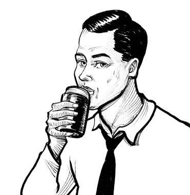 Adam kutudan soda içiyor. Mürekkep siyah beyaz çizim