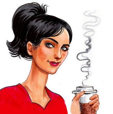 Güzel bir kadın bir fincan kahve içiyor. Mürekkep ve suluboya çizim