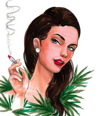 Marihuana içen güzel bir kadın. Mürekkep ve suluboya çizim