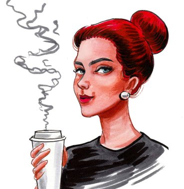 Kahve içen güzel bir kadın. Mürekkep ve suluboya çizim