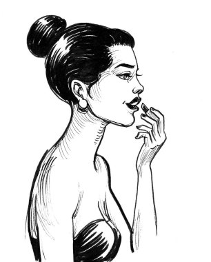 Rujlu güzel bir kadın. Mürekkep siyah beyaz çizim