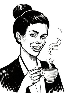 Bir fincan çay içen güzel bir kadın. Mürekkep siyah beyaz çizim