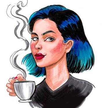 Çay içen güzel kız. Mürekkep ve suluboya çizim