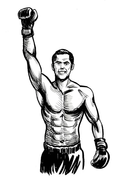 Κερδίζοντας Αθλητής Πυγμαχίας Μελάνι Ασπρόμαυρο Σχέδιο — Φωτογραφία Αρχείου