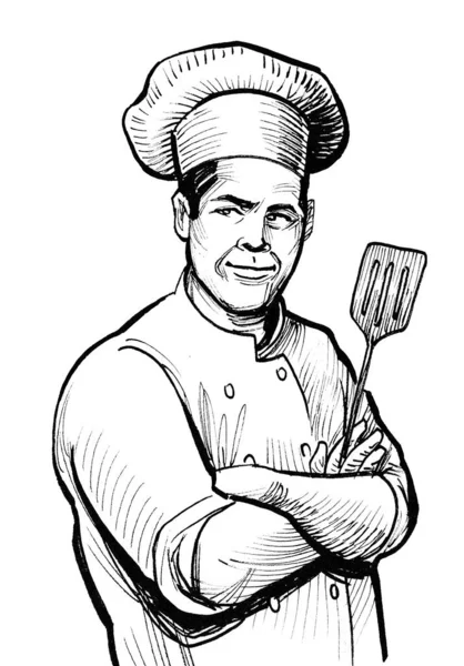 Chef Character Ink Black White Drawing — Stock Photo, Image