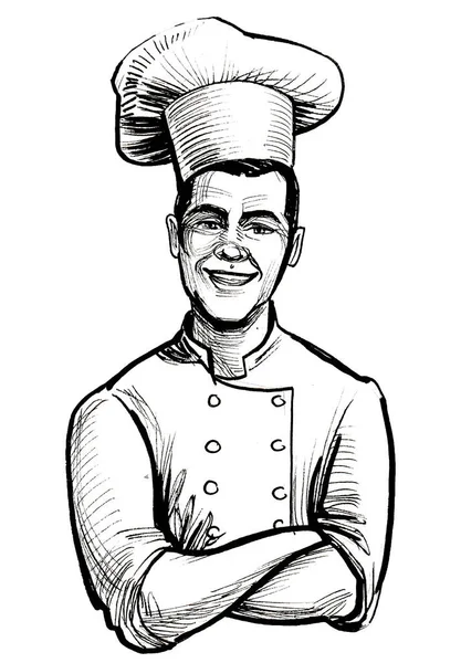 Smiling Chef Ink Black White Drawing — Stock Photo, Image