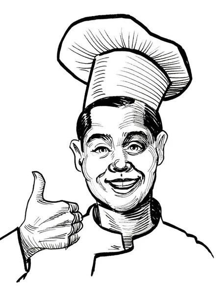 Chef Mostra Pollice Grosso Inchiostro Disegno Bianco Nero — Foto Stock