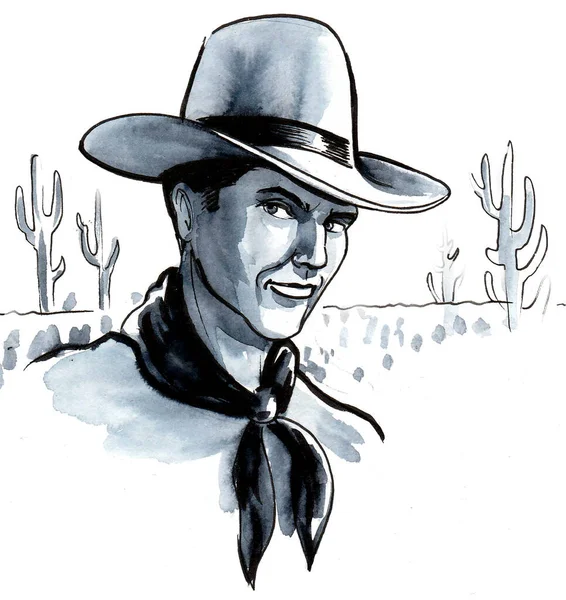 Amerykański Kowboj Pustyni Arizona Rysunek Atramentu Akwareli — Zdjęcie stockowe