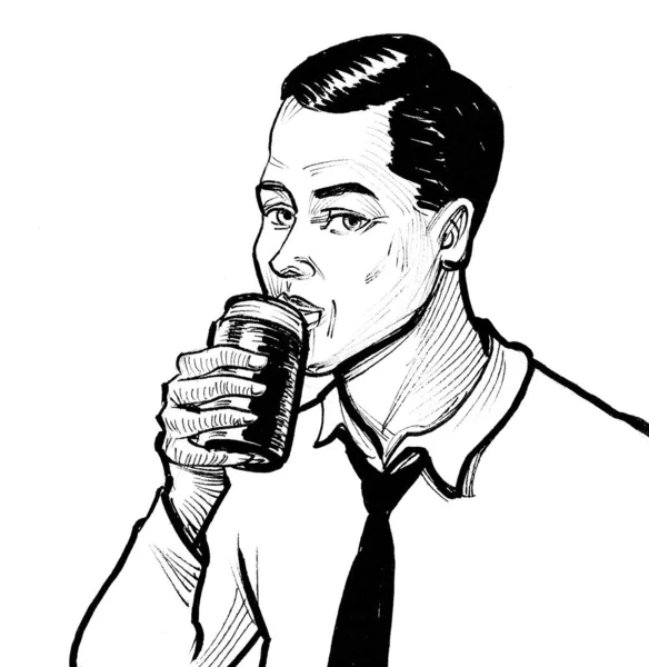 Man drinking soda beverage from the can. Ink black and white drawing