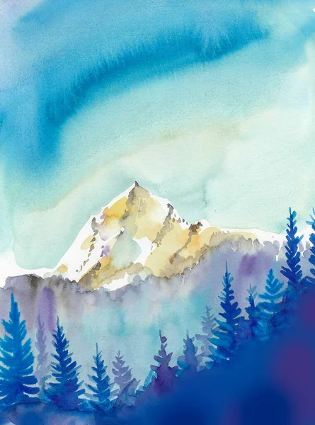 Śnieżny Szczyt Góry Malowanie Akwarelami — Zdjęcie stockowe