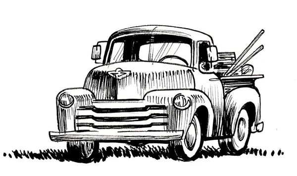 Vintage American Truck Ink Black White Drawing — Stock Photo, Image