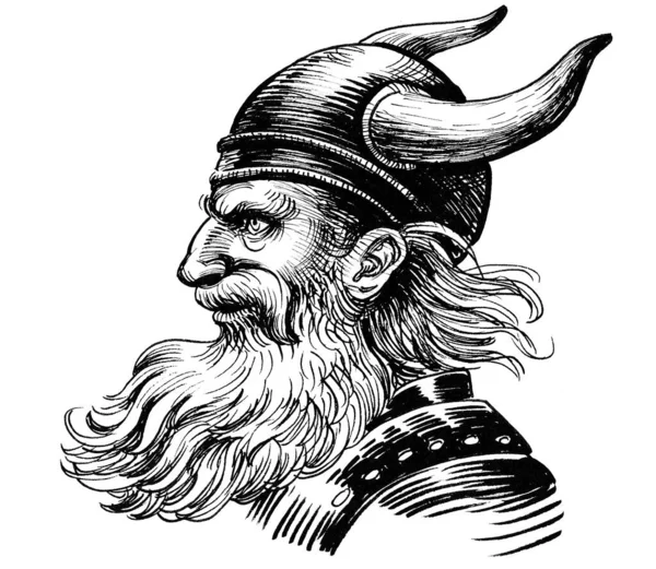 Guerreiro Viking Com Capacete Com Chifres Tinta Desenho Preto Branco — Fotografia de Stock