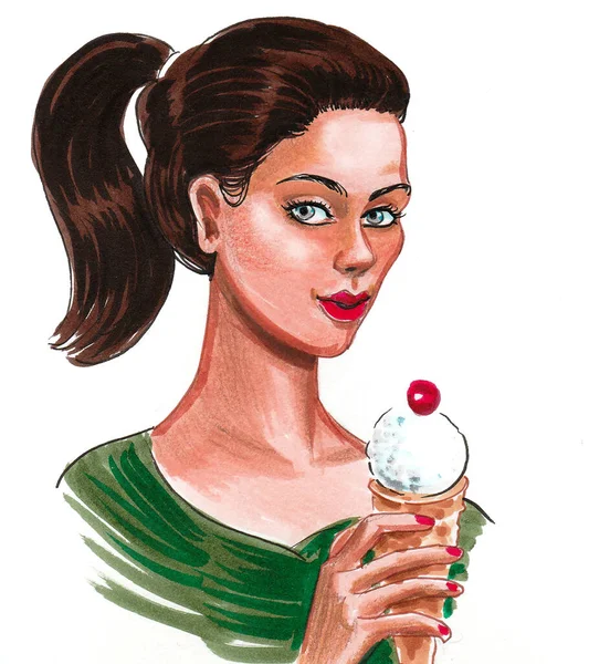 Bonita Mujer Comiendo Helado Dibujo Tinta Acuarela — Foto de Stock