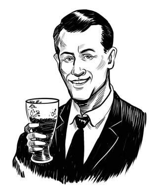 Bir bardak bira içen mutlu bir adam. Elle çizilmiş siyah beyaz çizim