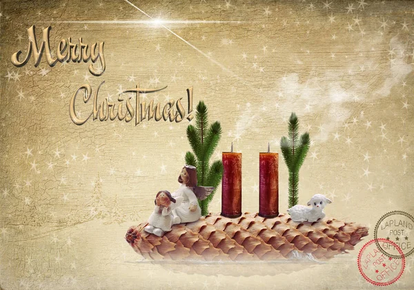Christmas card with angels with candles on pine cone sailing in sea under star of Bethlehem