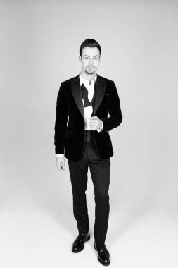 Bir takım, ayakta ve kamera, papyon, geri düz studio arka planı arıyorum genç yakışıklı bir adam portresi