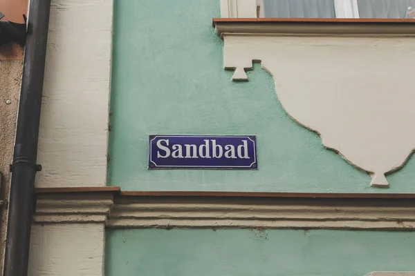 Sandbad street name sign in Bamberg, Bavaria, Germany. A street name sign is a sign used to identify named roads