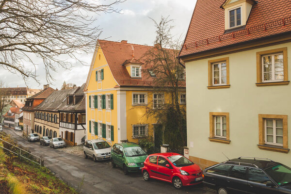 Bamberg/Germany-2/1/19: a street in the Old Town of Bamberg. Bamberg is a town in Upper Franconia, on the river Regnitz close to its confluence with the river Main