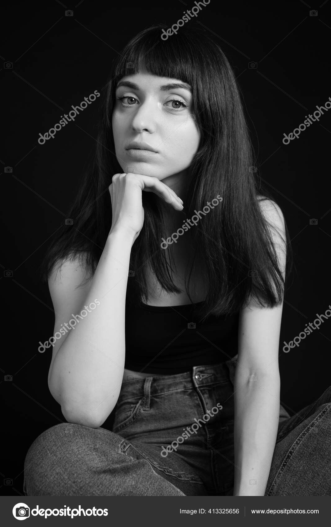 Studio Portrait Pretty Brunette Woman Black Spaghetti Strap Top
