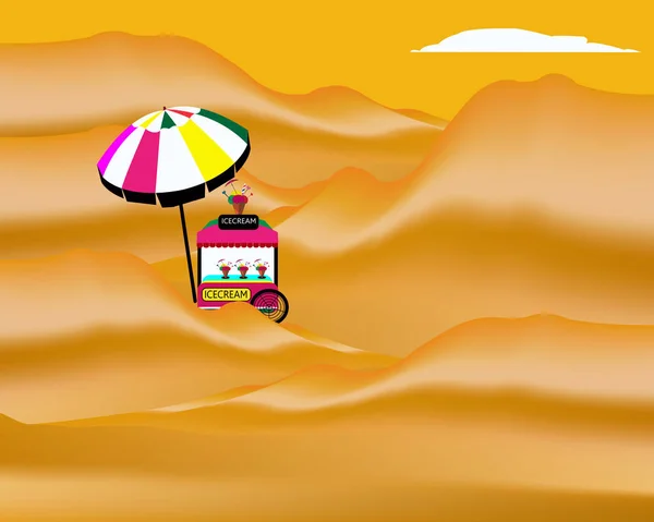 illustration of an ice cream shop selling ice cream in the desert and nobody around to buy it