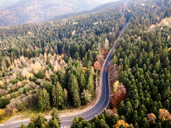 Winding road from high mountain pass, in autumn season.
