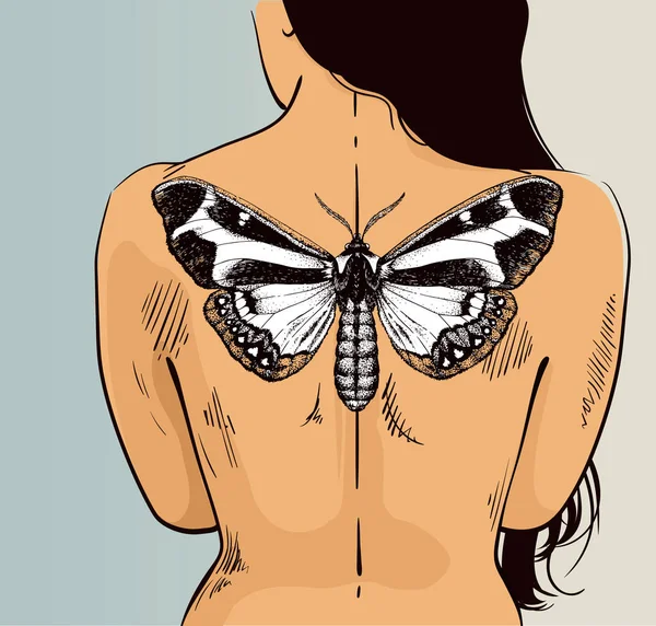 Mujer con tatuaje de mariposa en la espalda. Ilustración vectorial para salón de tatuajes — Archivo Imágenes Vectoriales