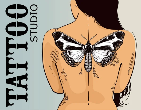 Dövme stüdyosu afiş. Kelebek dövmesi olan kadın. Vektör kelebek dövmesi sırt. Gösterim amacıyla dövme salonu — Stok Vektör