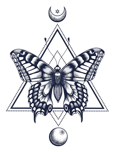 Татуювання метелика та дизайн футболок. Метелик в трикутнику, зверху півмісяця з зіркою, внизу повний місяць . — стоковий вектор